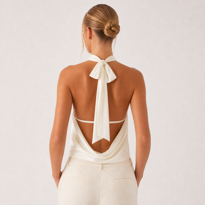 Women's Floral Halter Neck Crop Top – White flowers – back