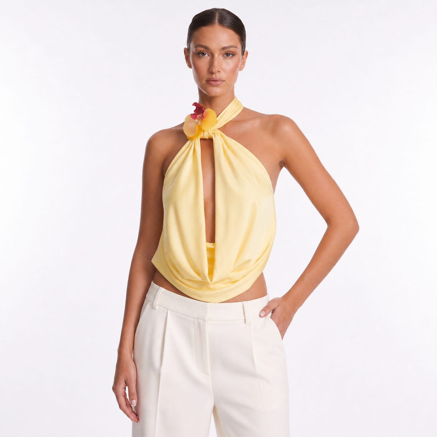 Women's Floral Halter Neck Crop Top – Yellow flowers – variant hero