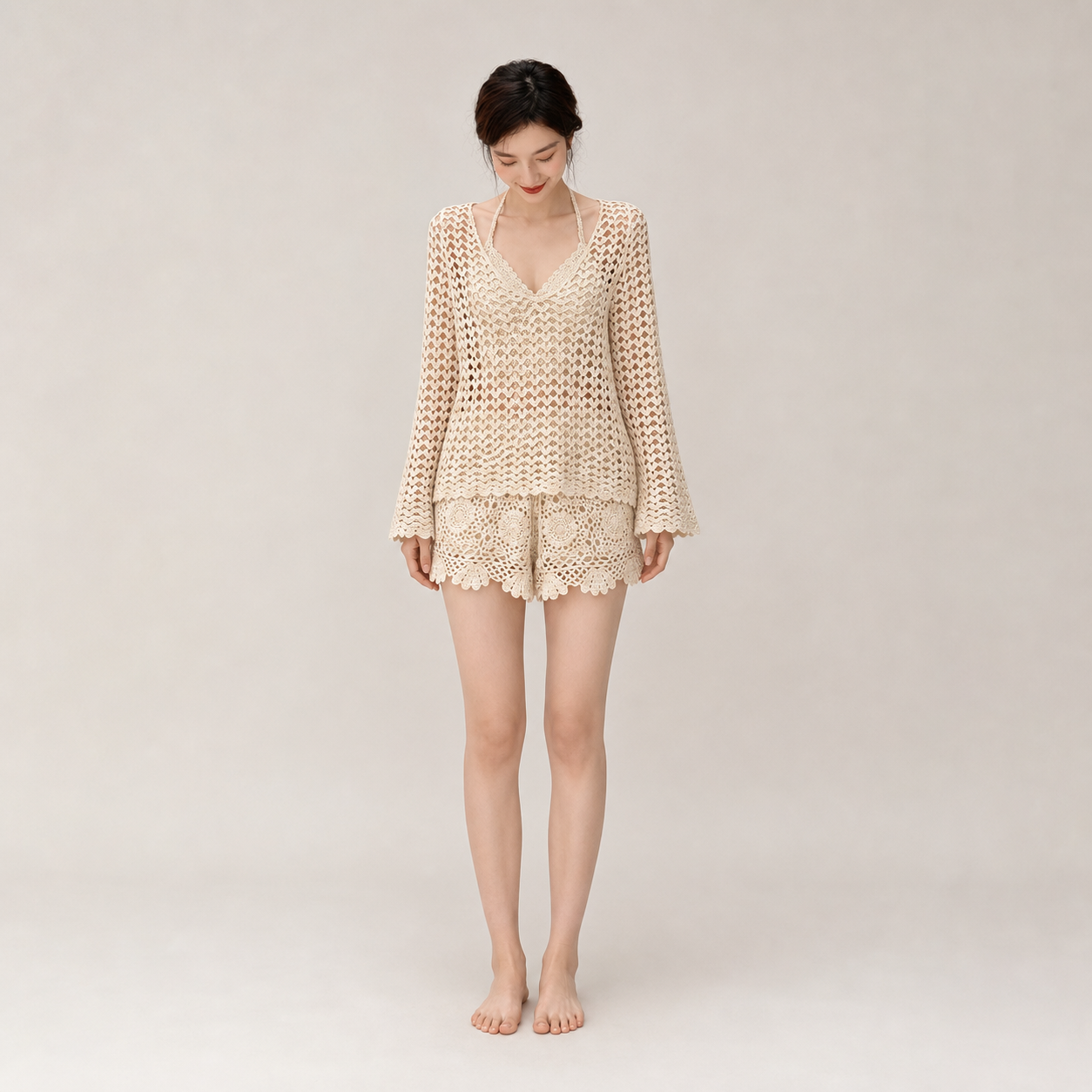 Crochet Lace Knit Cover-Up Set – Beige 3pcs – full set hero