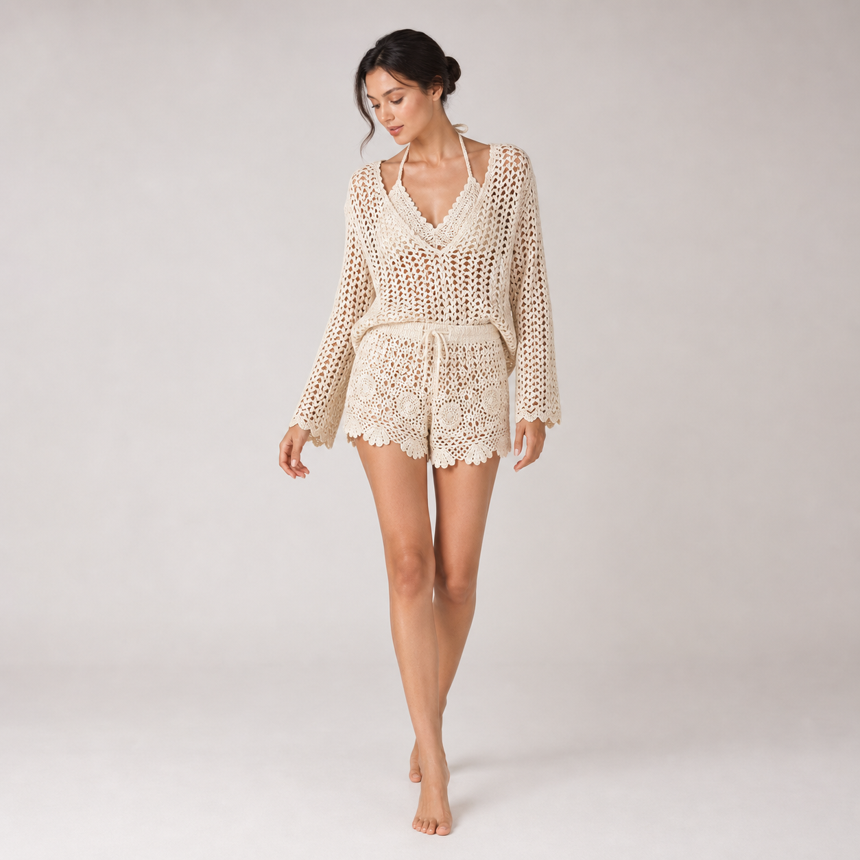 Crochet Lace Knit Cover-Up Set – Beige 3pcs – shorts emphasis