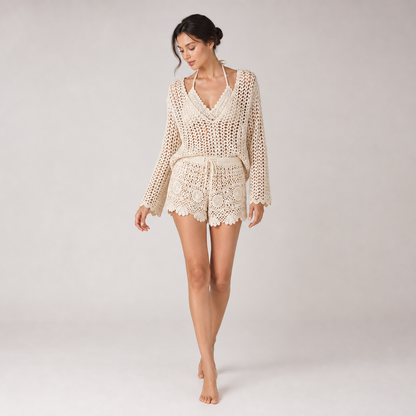 Crochet Lace Knit Cover-Up Set – Beige 3pcs – shorts emphasis