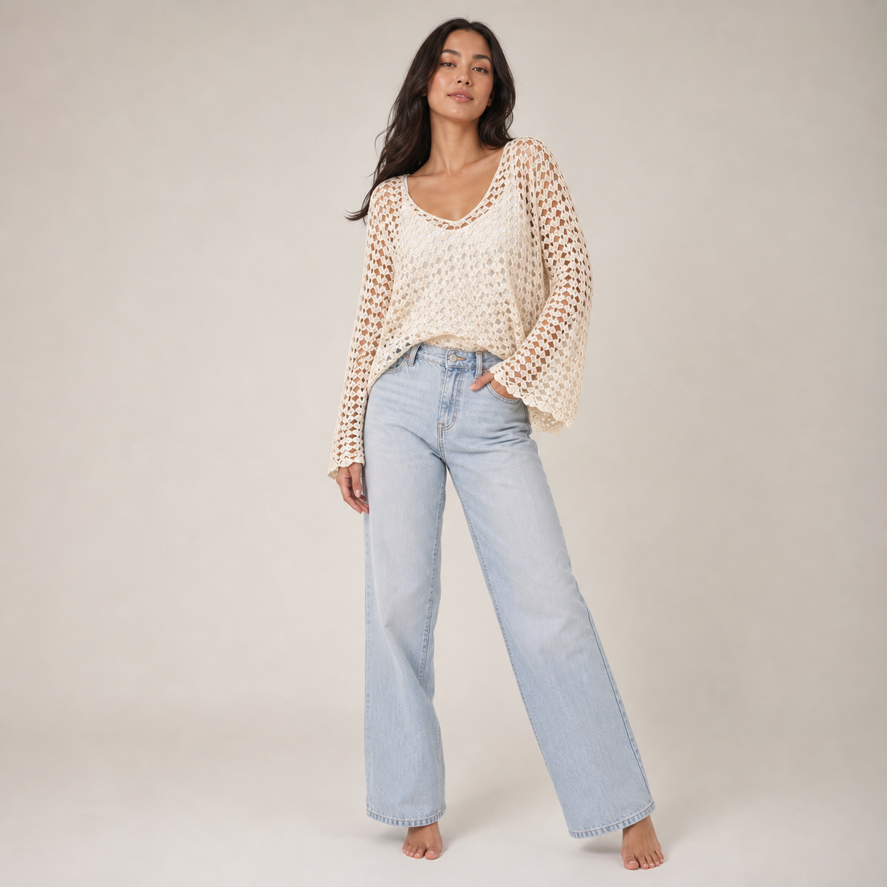 Crochet Lace Knit Cover-Up Set – Beige Tunic – variant hero