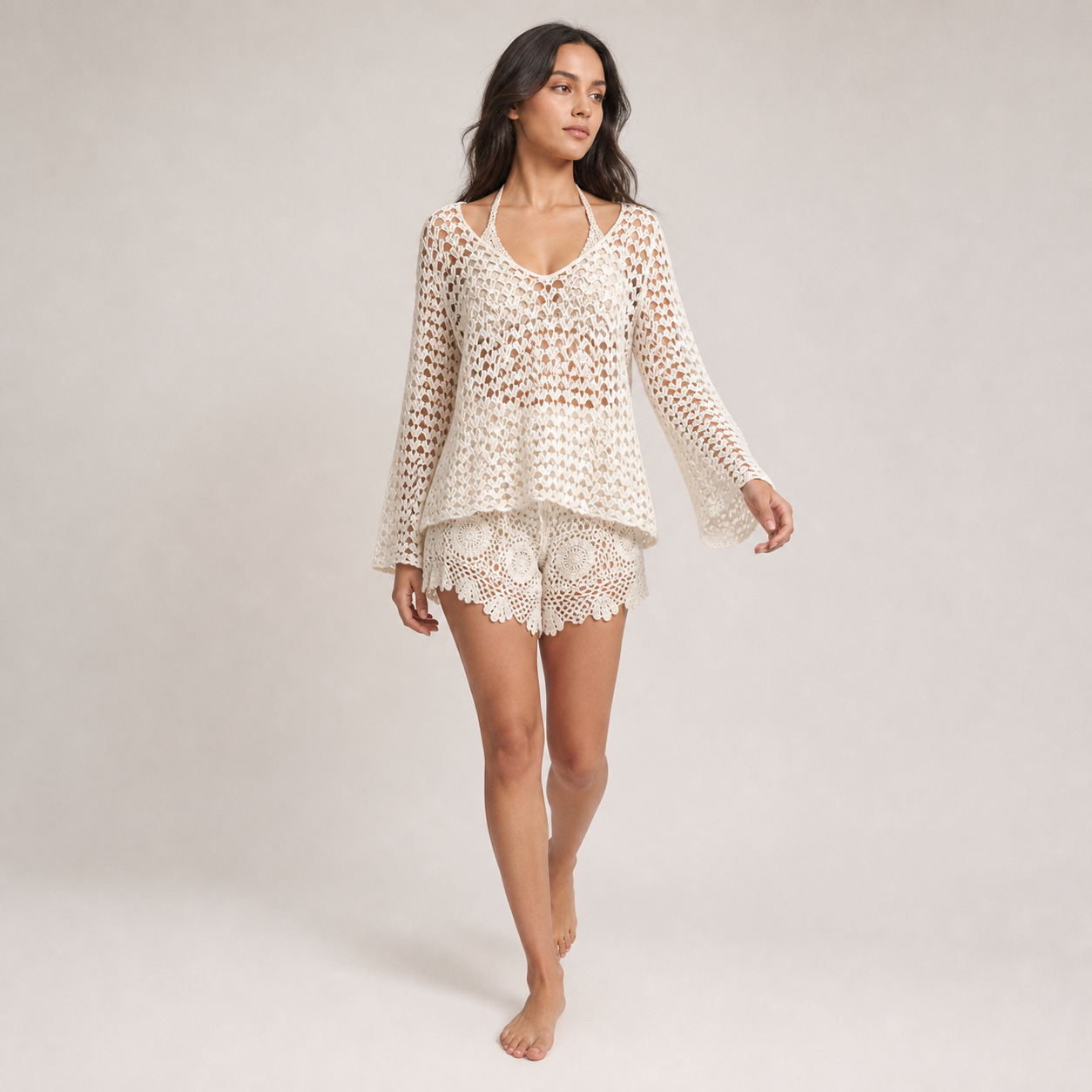 Crochet Lace Knit Cover-Up Set – White 3pcs – variant hero