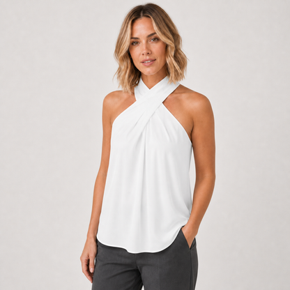 Womens Halter Neck Off-Shoulder T-Shirt – White – three quarter