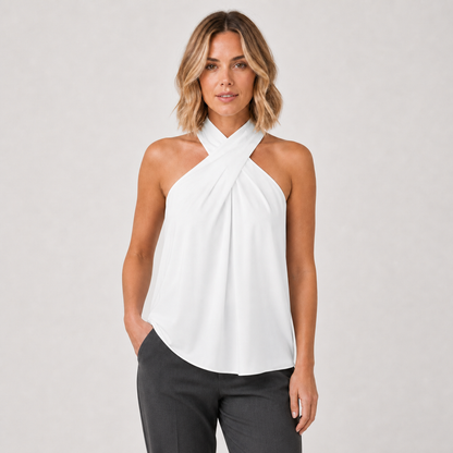 Womens Halter Neck Off-Shoulder T-Shirt – White – on model detail
