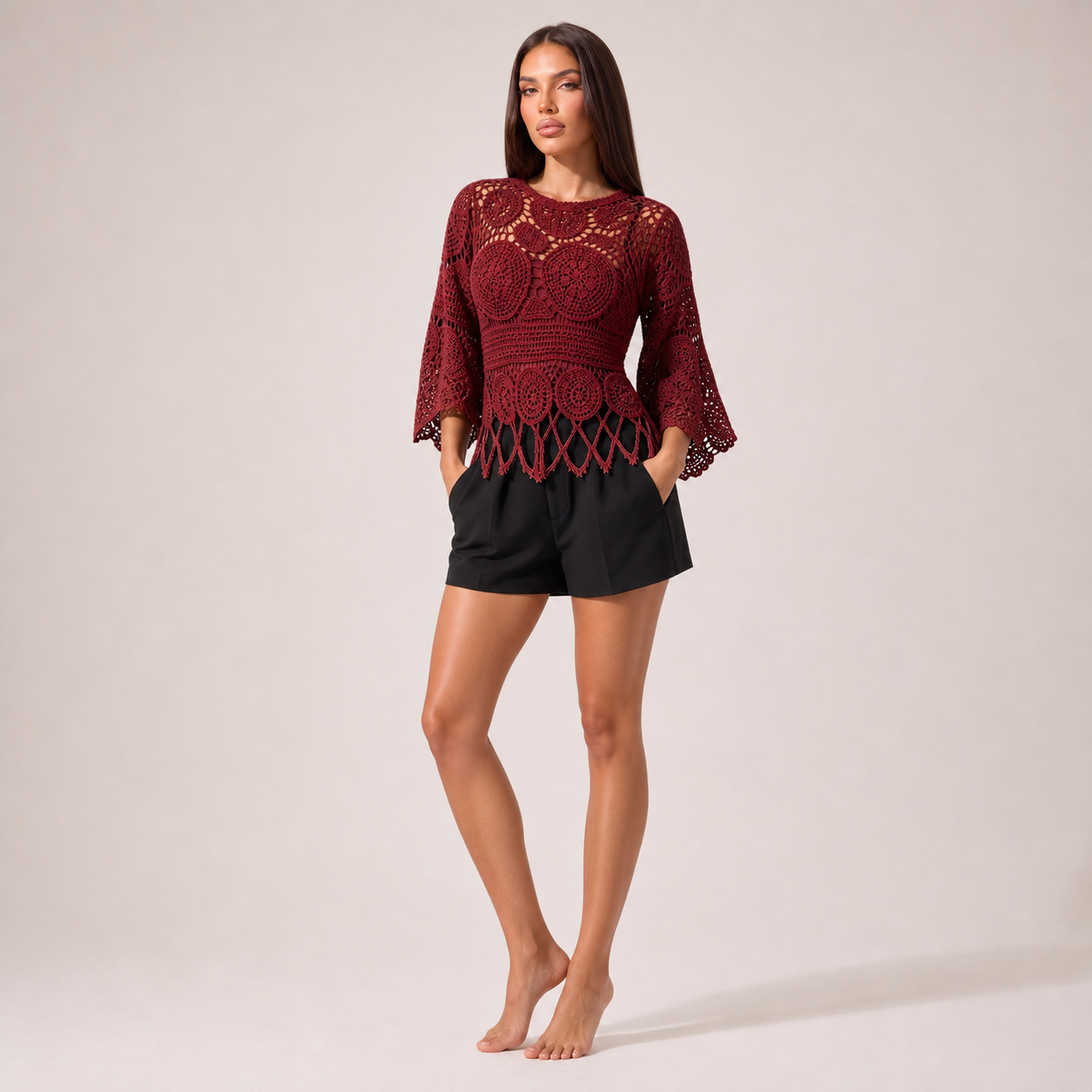 Bohemian Crochet Knit Sweater – Burgundy – variant hero