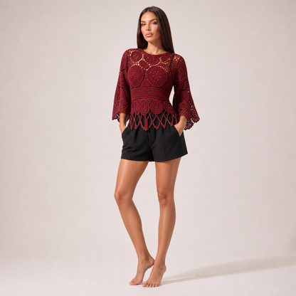 Bohemian Crochet Knit Sweater – Burgundy – variant hero