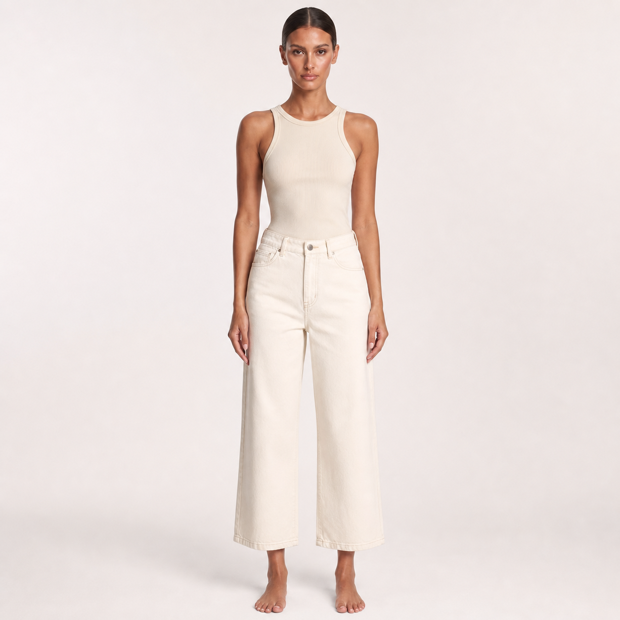 High-Waisted Slimming Wide-Leg Jeans for Women, Summer Thin Style – Off-white eight points – full model