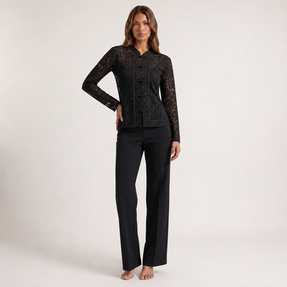 Elegant Lace Crochet Stand Collar Shirt – black – full model