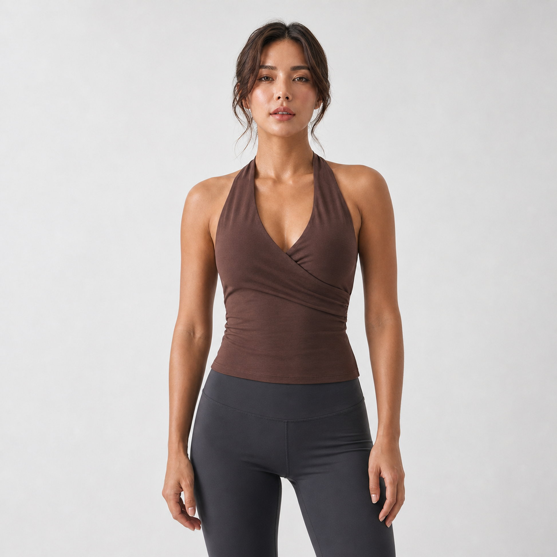 Cross Halter Sports Vest with Chest Pads – Brown – on model detail