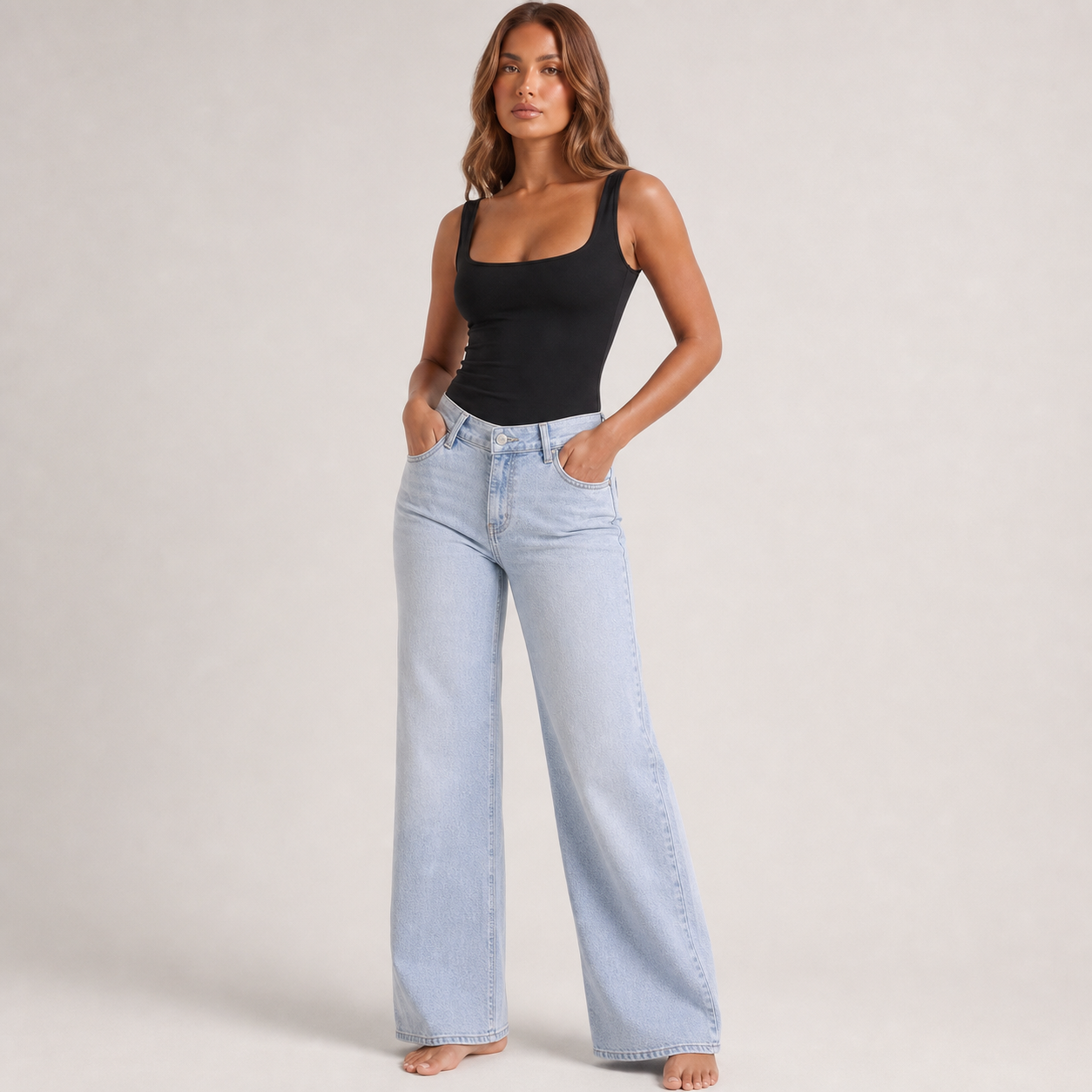 High Waisted Wide Leg Jeans – Light blue – three quarter