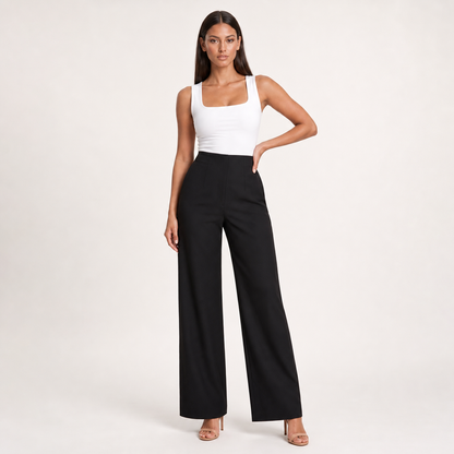 Women Casual Drapey Solid Color Wide Leg Pants – Black – full model
