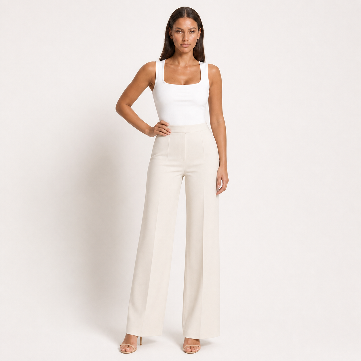 Women Casual Drapey Solid Color Wide Leg Pants – White – variant hero