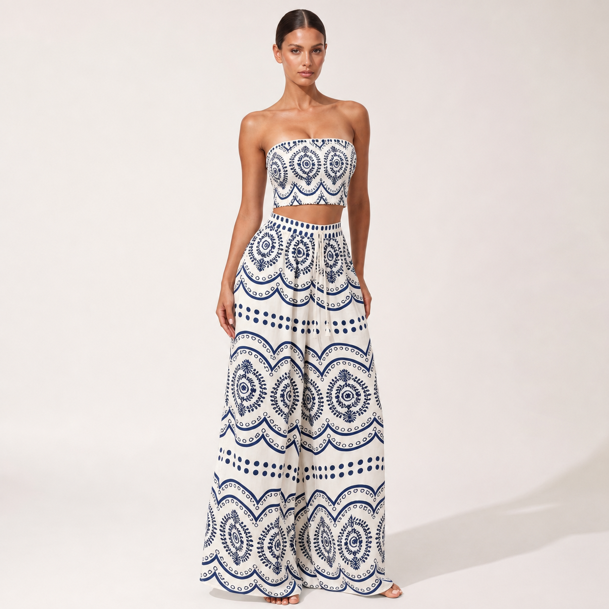Print Tube Top and Wide Leg Pants – Blue flowers on white background – three quarter