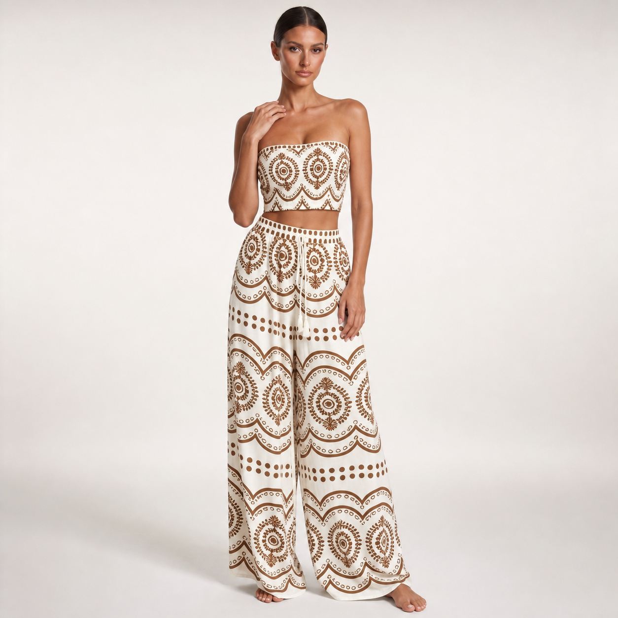 Print Tube Top and Wide Leg Pants – Light brown – variant hero