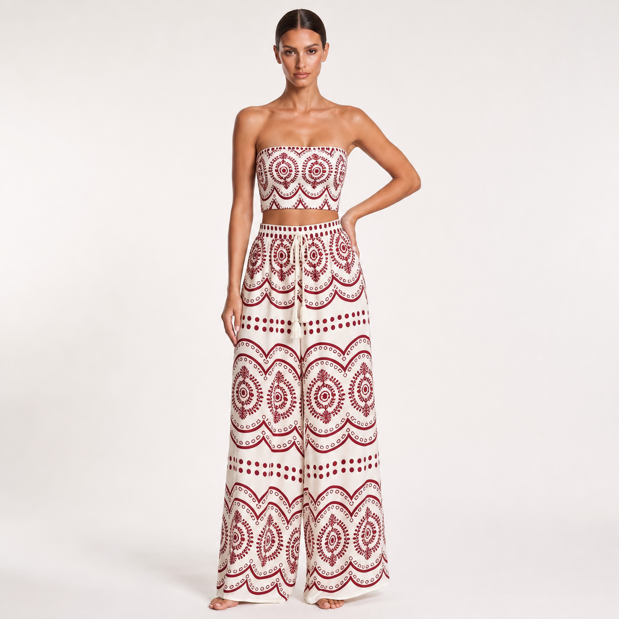 Print Tube Top and Wide Leg Pants – Wine red – variant hero