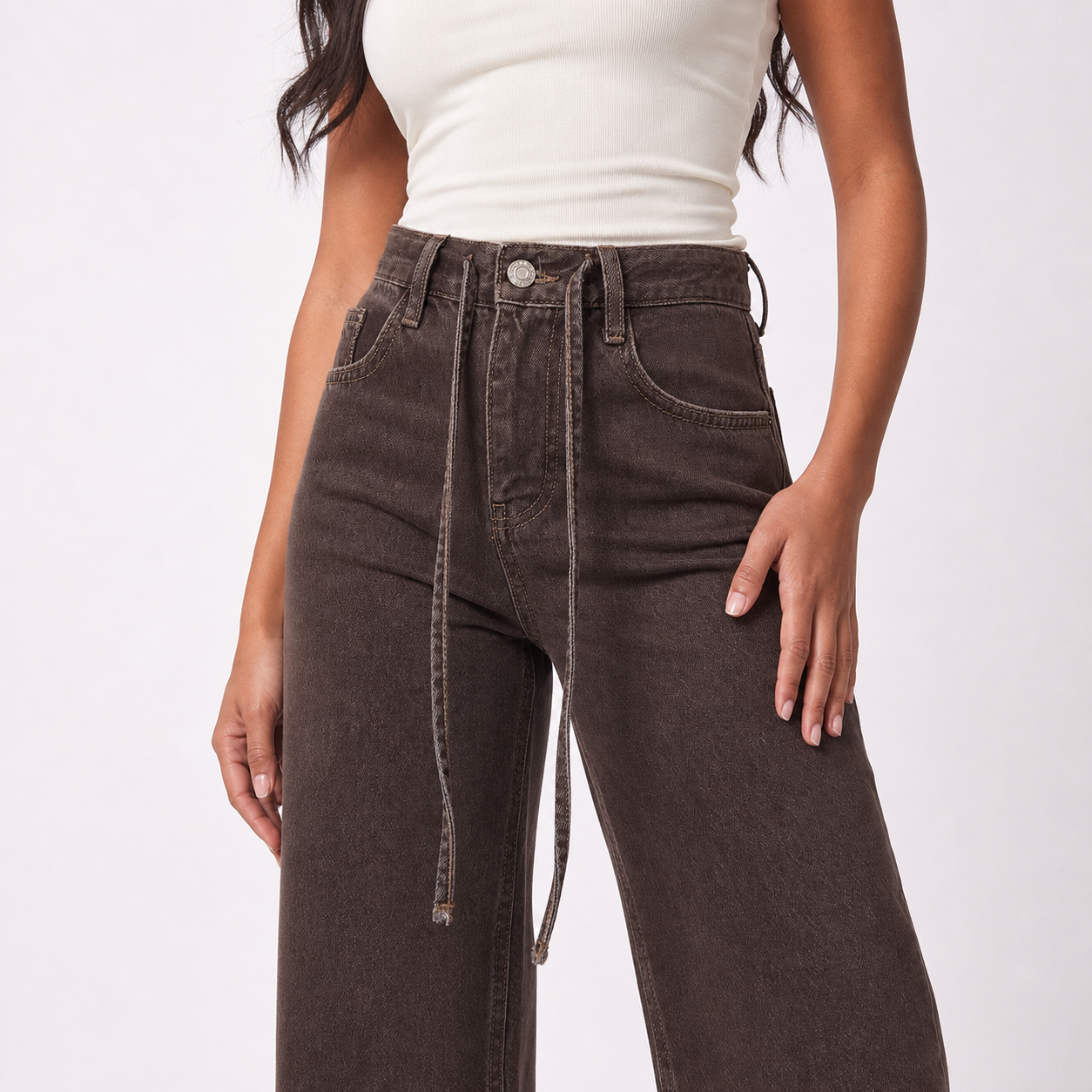 Womens High Waist Wide Leg Denim Pants – Brown – hero