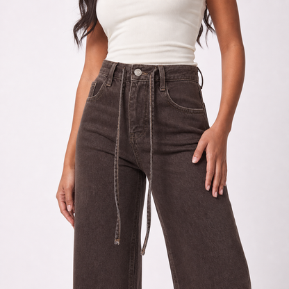 Womens High Waist Wide Leg Denim Pants – Brown – hero