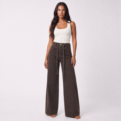 Womens High Waist Wide Leg Denim Pants – Brown – full model