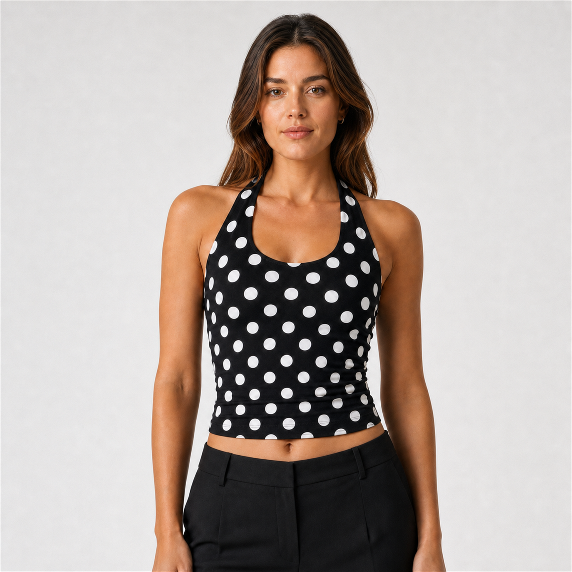 Women's Black Polka Dot Halter Neck Backless Vest – black – SU00367823 hero midriff corrected