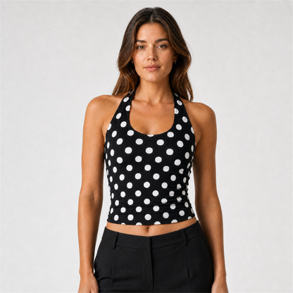 Women's Black Polka Dot Halter Neck Backless Vest – black – SU00367823 hero midriff corrected