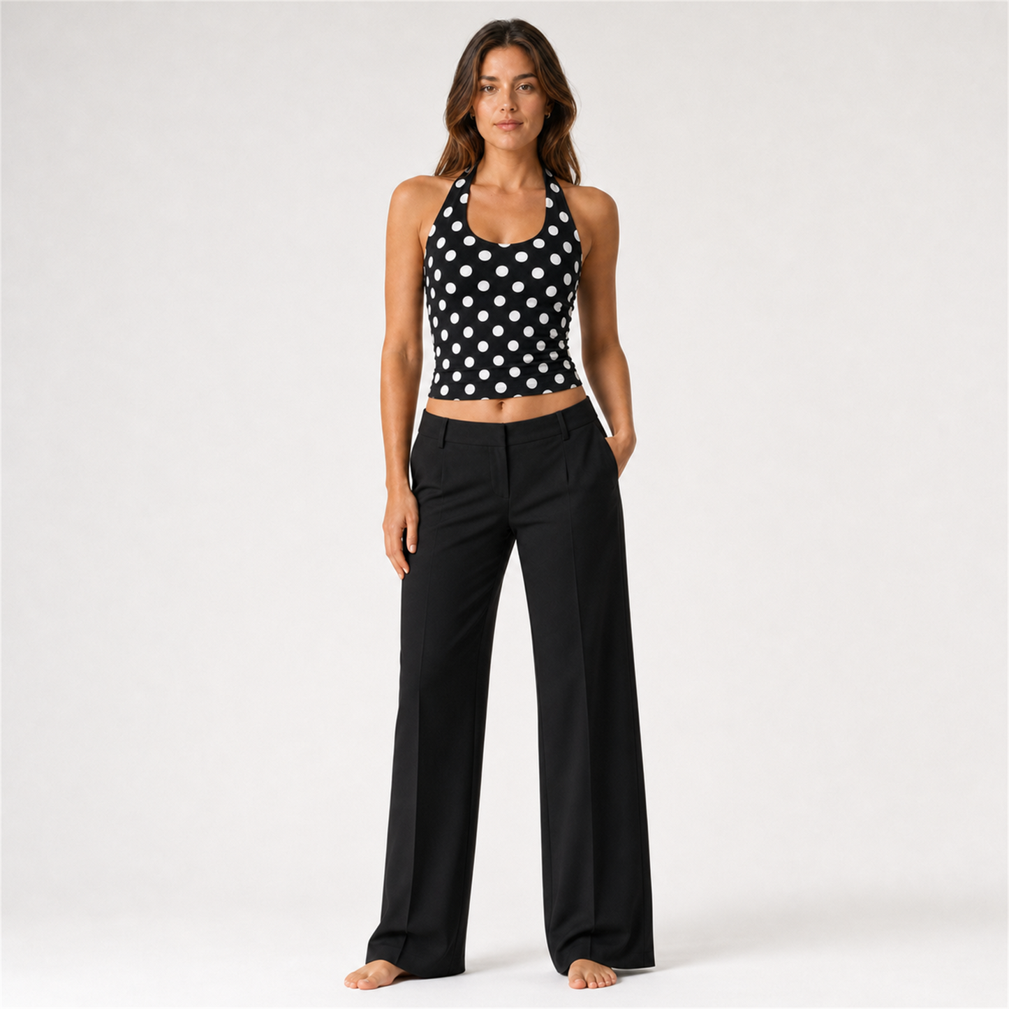 Women's Black Polka Dot Halter Neck Backless Vest – black – SU00367823 full model midriff corrected