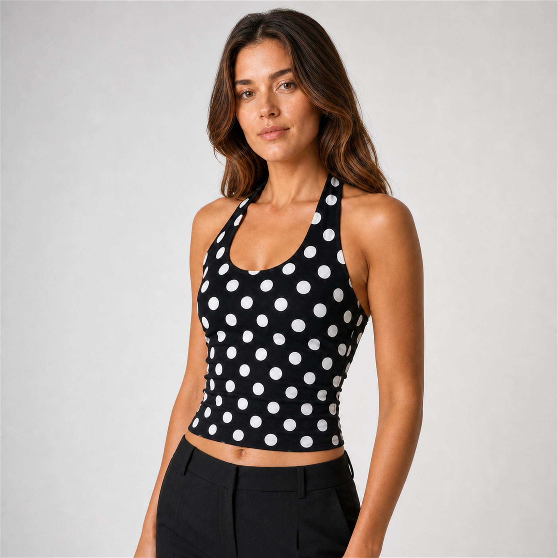 Women's Black Polka Dot Halter Neck Backless Vest – black – SU00367823 three quarter midriff corrected