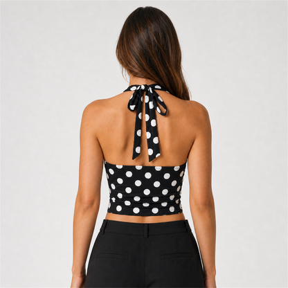 Women's Black Polka Dot Halter Neck Backless Vest – black – SU00367823 verified back midriff corrected