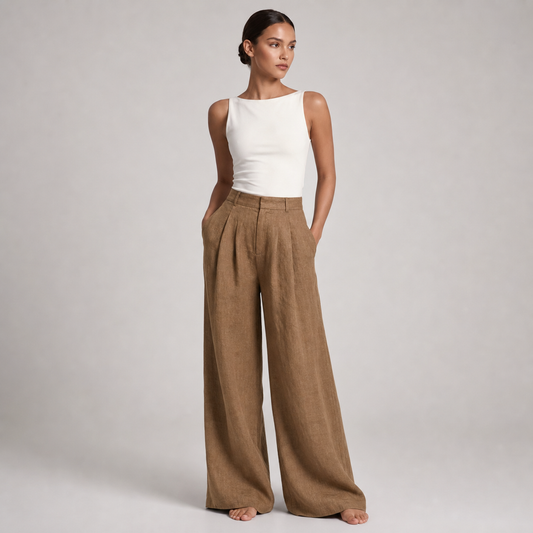 Womens High Waist Linen Wide Leg Pants – Coffee color – hero