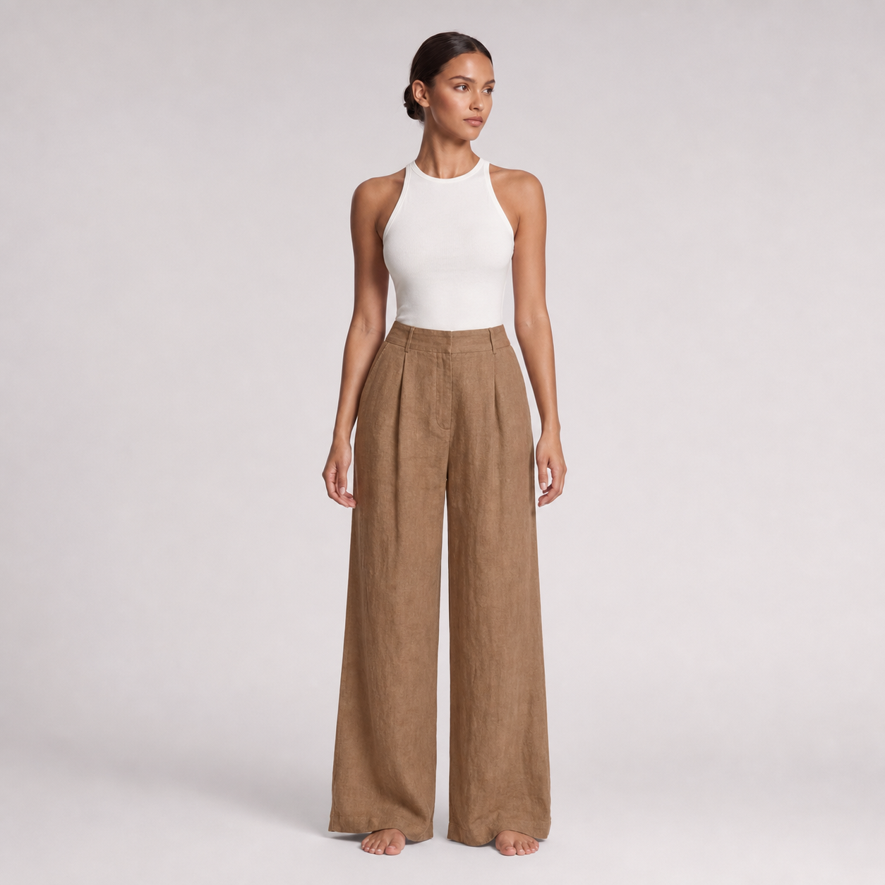 Womens High Waist Linen Wide Leg Pants – Coffee color – full model
