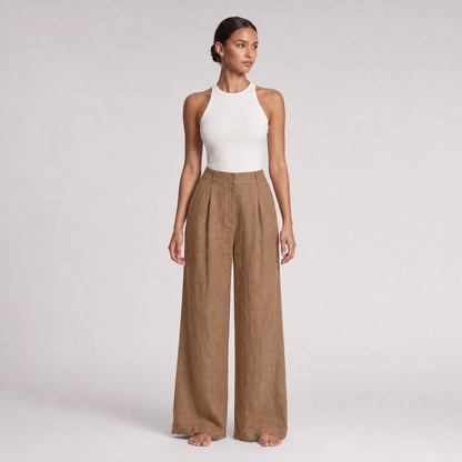 Womens High Waist Linen Wide Leg Pants – Coffee color – full model