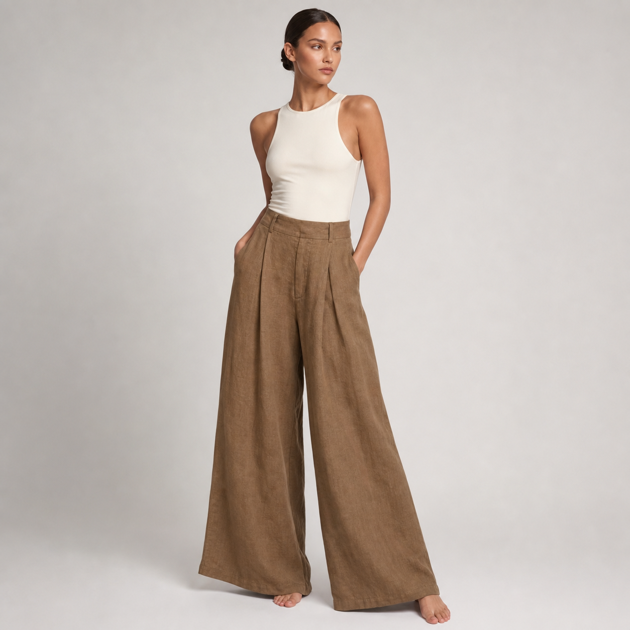 Womens High Waist Linen Wide Leg Pants – Coffee color – three quarter