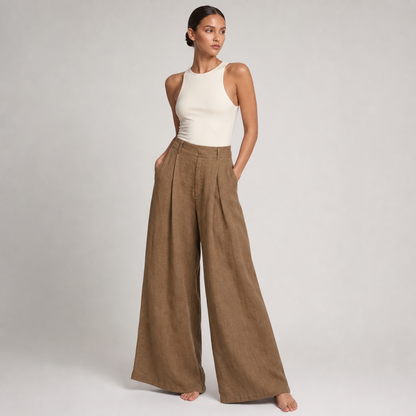 Womens High Waist Linen Wide Leg Pants – Coffee color – three quarter