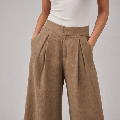Womens High Waist Linen Wide Leg Pants – Coffee color – detail