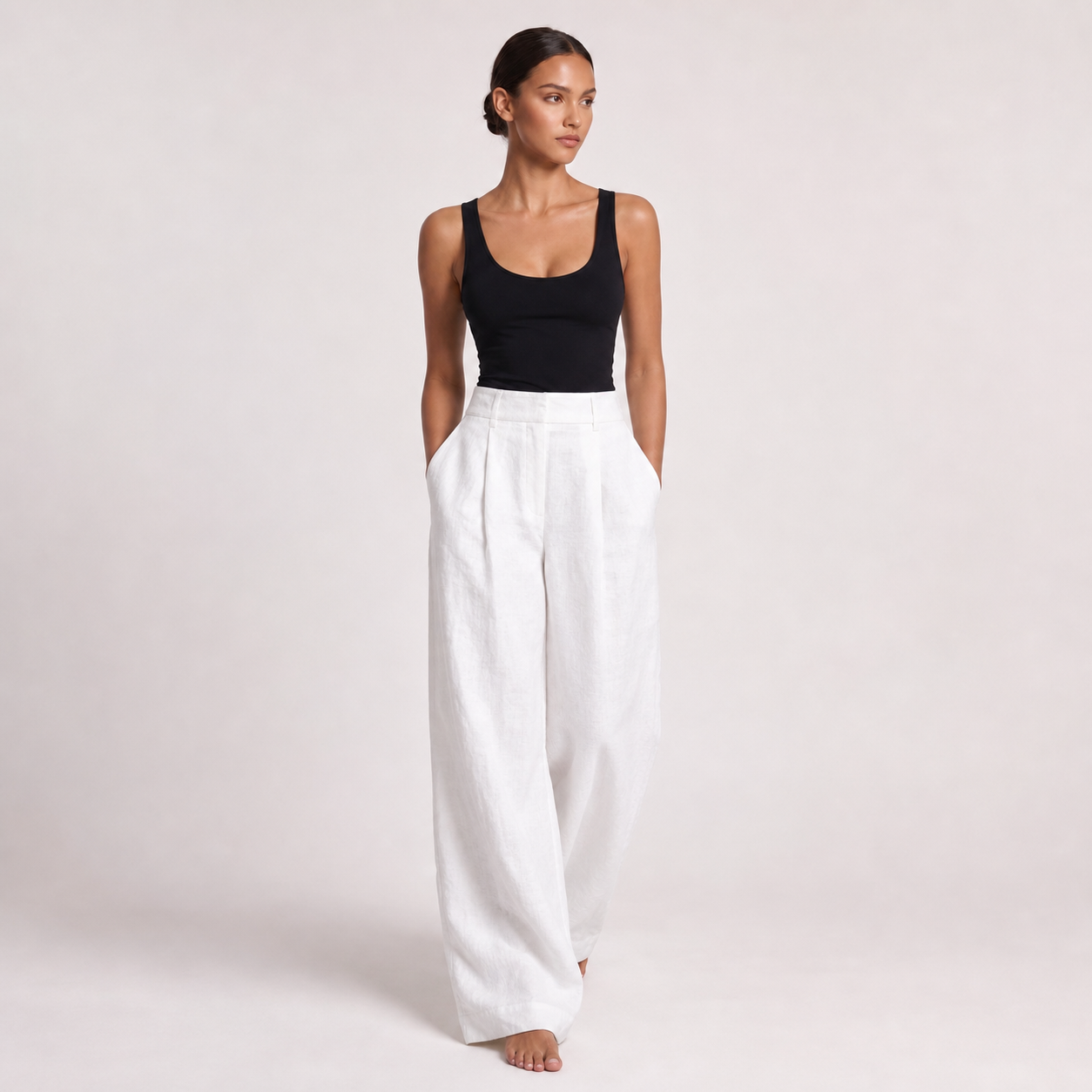 Womens High Waist Linen Wide Leg Pants – White – variant hero