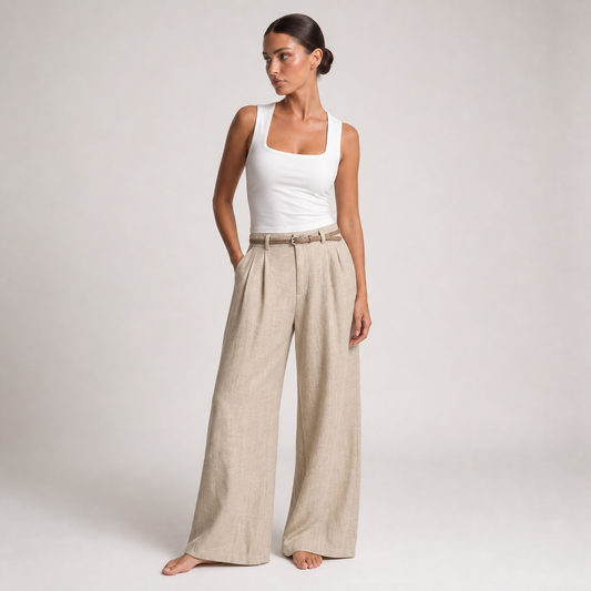Womens Linen Wide Leg Pants – Khaki – hero