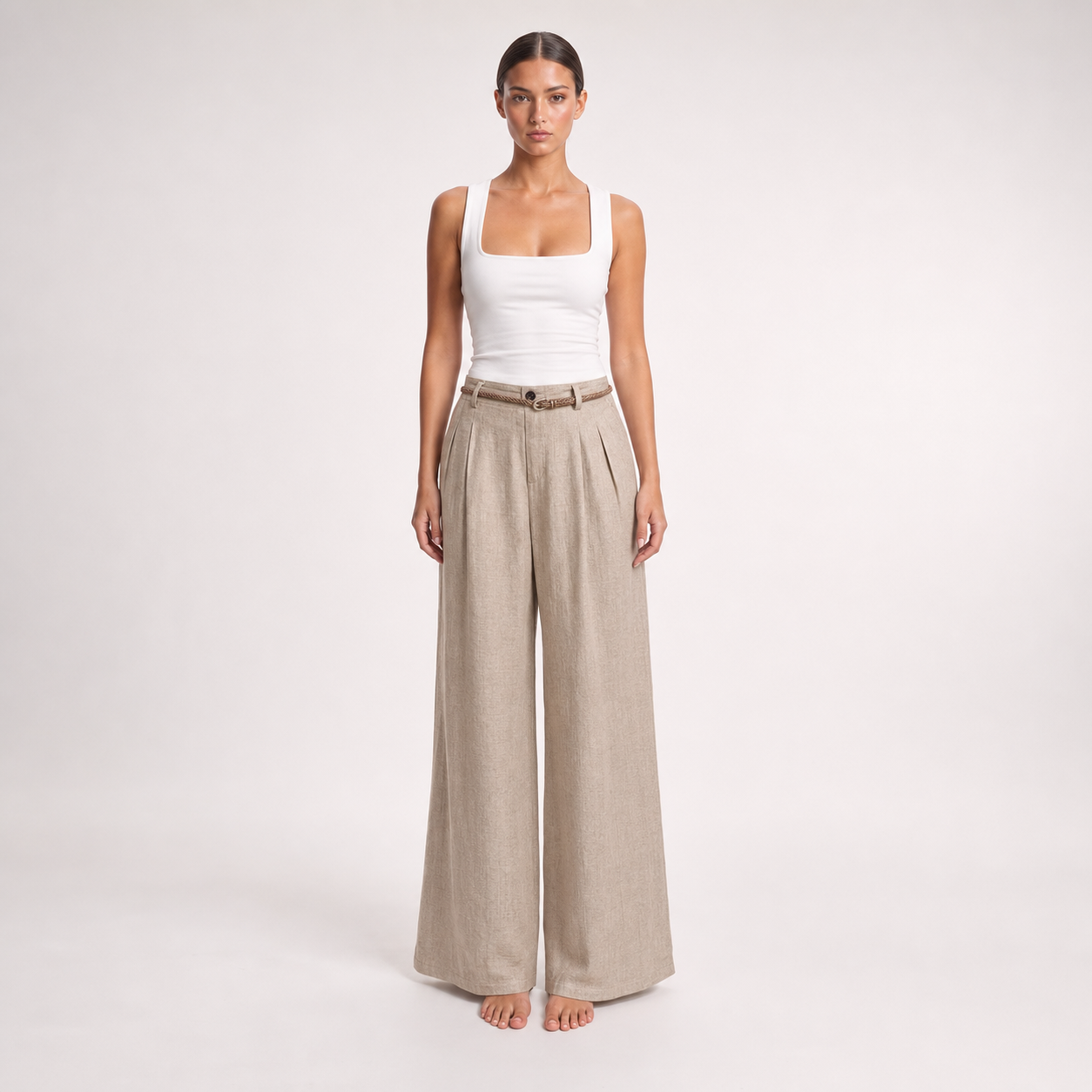 Womens Linen Wide Leg Pants – Khaki – full model
