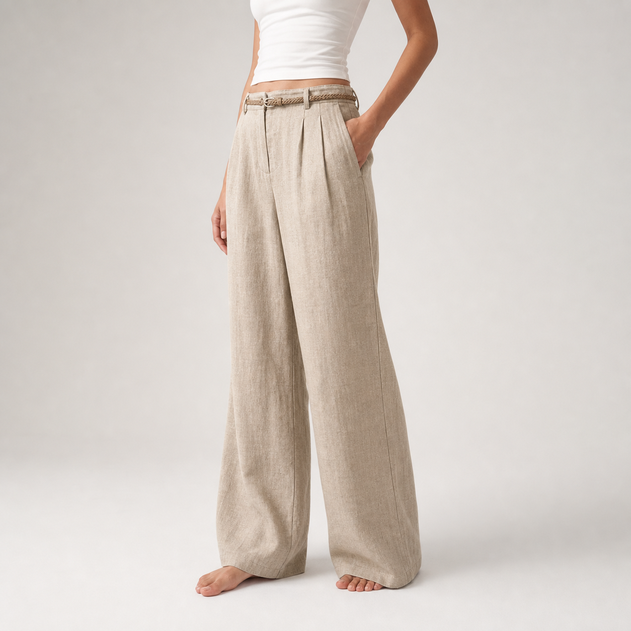 Womens Linen Wide Leg Pants – Khaki – three quarter