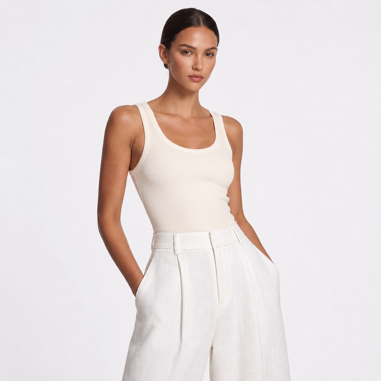 Womens High Waisted Linen Wide Leg Trousers – White regular – hero