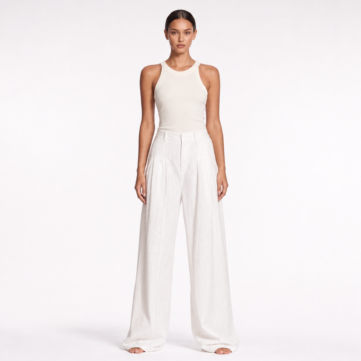 Womens High Waisted Linen Wide Leg Trousers – White regular – full model
