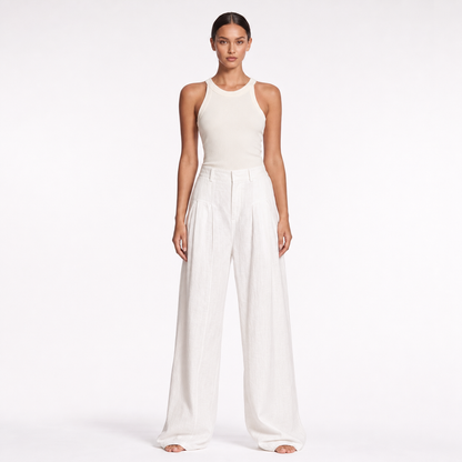 Womens High Waisted Linen Wide Leg Trousers – White regular – full model