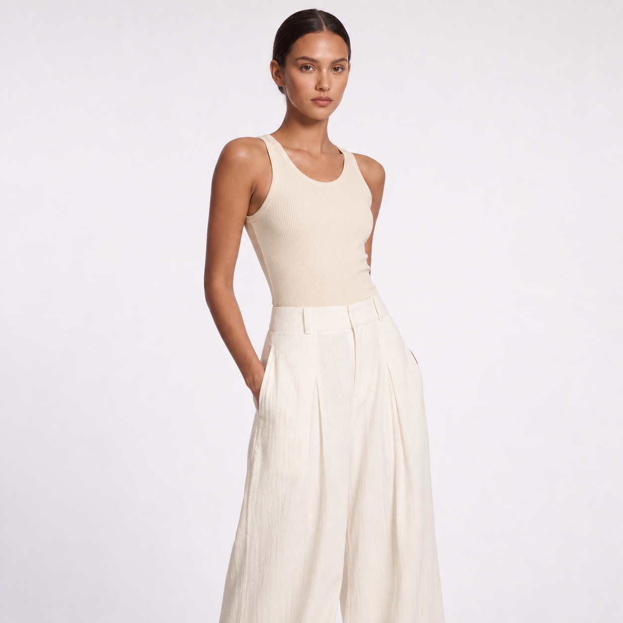 Womens High Waisted Linen Wide Leg Trousers – White regular – three quarter