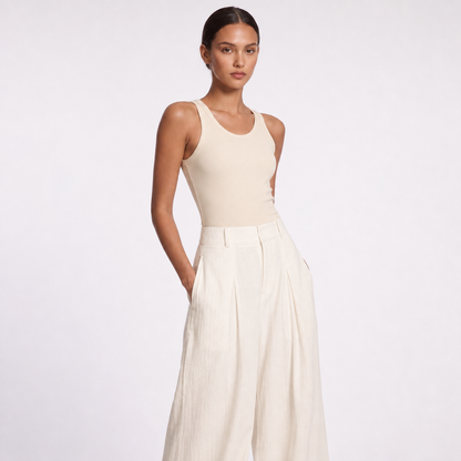 Womens High Waisted Linen Wide Leg Trousers – White regular – three quarter