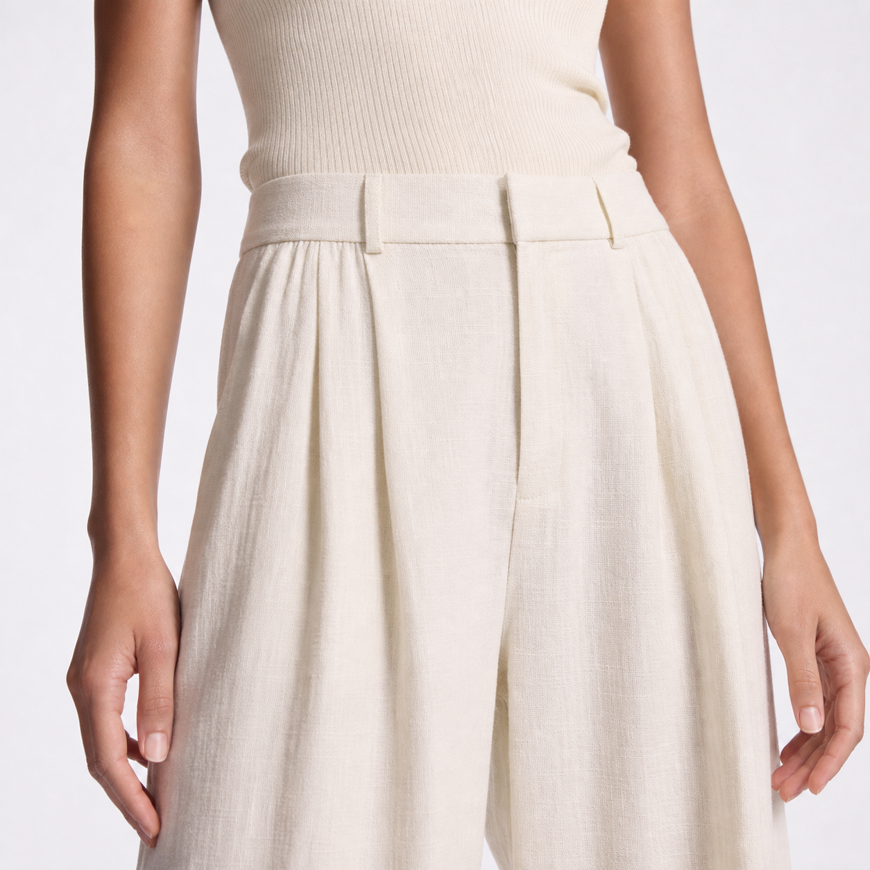 Womens High Waisted Linen Wide Leg Trousers – White regular – waistband macro
