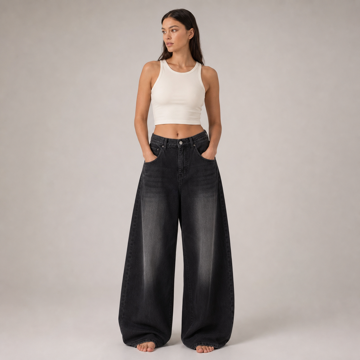 Women's Wide-Leg Denim Pants – black – full model