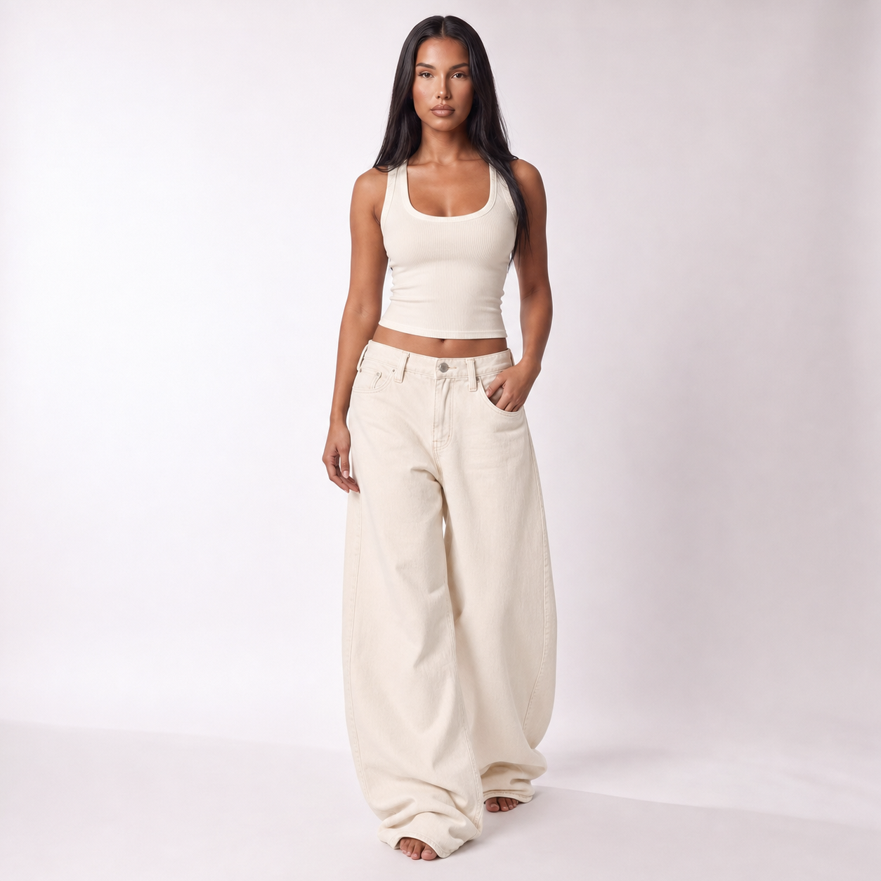 American Style Low Waist Slimming Loose Wide Leg Casual Jeans – Light apricot lengthened – variant hero