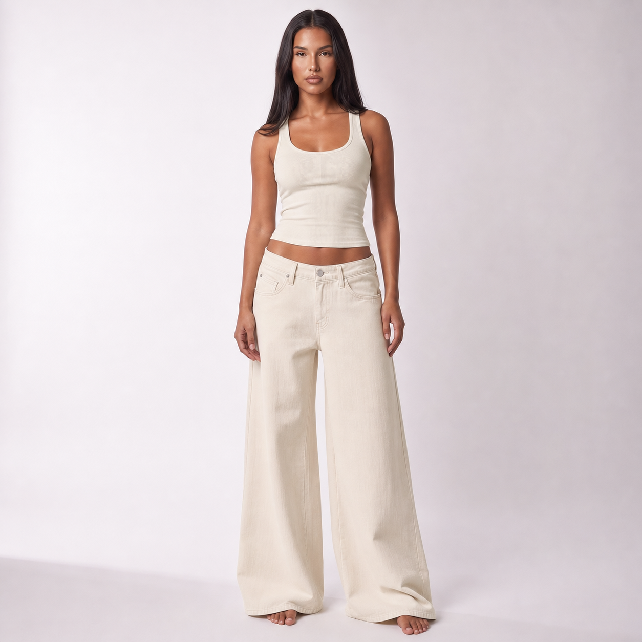 American Style Low Waist Slimming Loose Wide Leg Casual Jeans – Light apricot regular – full model