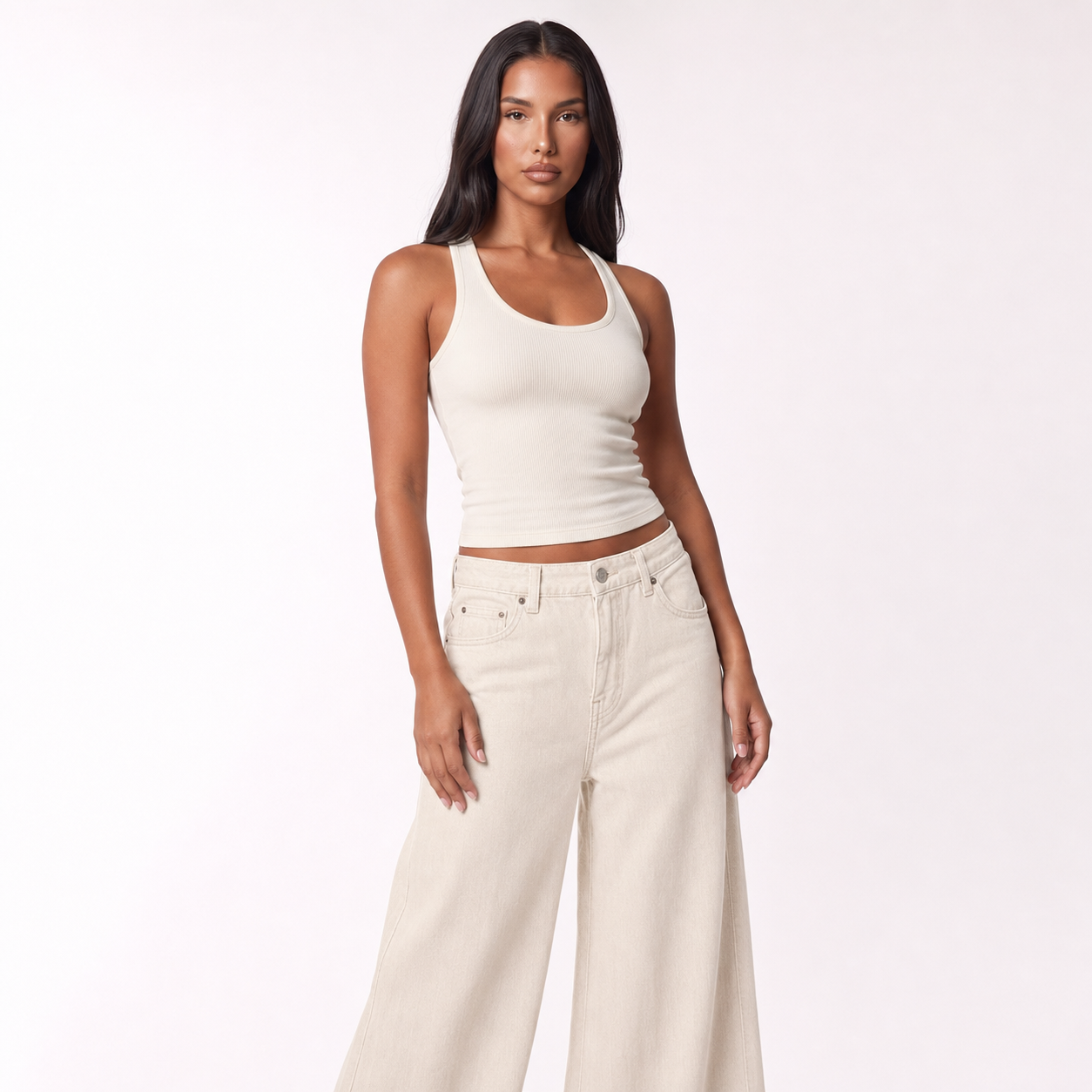 American Style Low Waist Slimming Loose Wide Leg Casual Jeans – Light apricot regular – three quarter