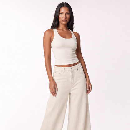American Style Low Waist Slimming Loose Wide Leg Casual Jeans – Light apricot regular – three quarter