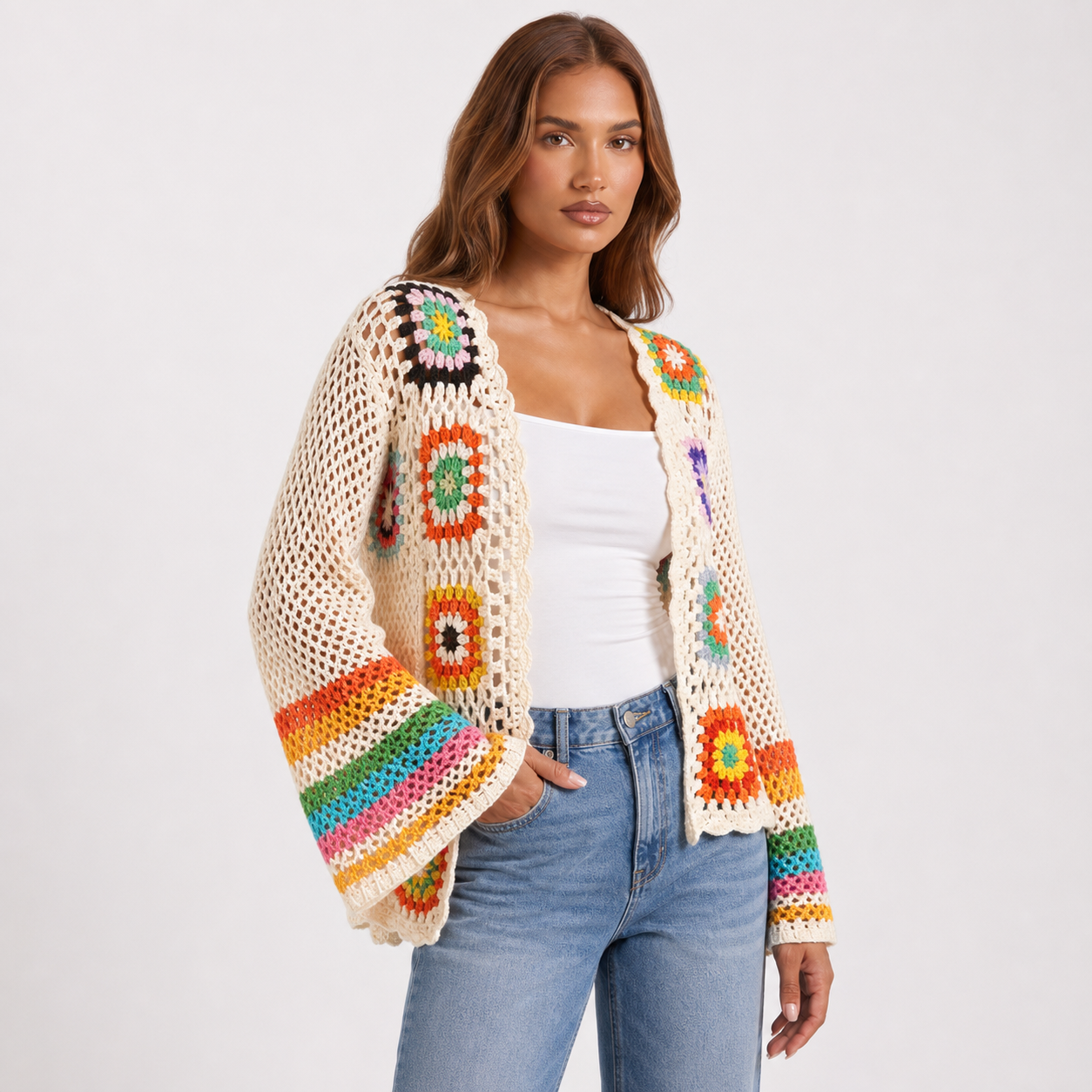 Handmade Crochet Knitted Cardigan – Apricot – three quarter